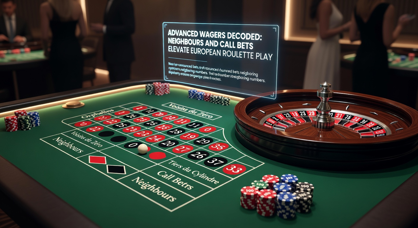 Close-up of a European roulette wheel showing numbered pockets and a croupier placing chips for a neighbours bet