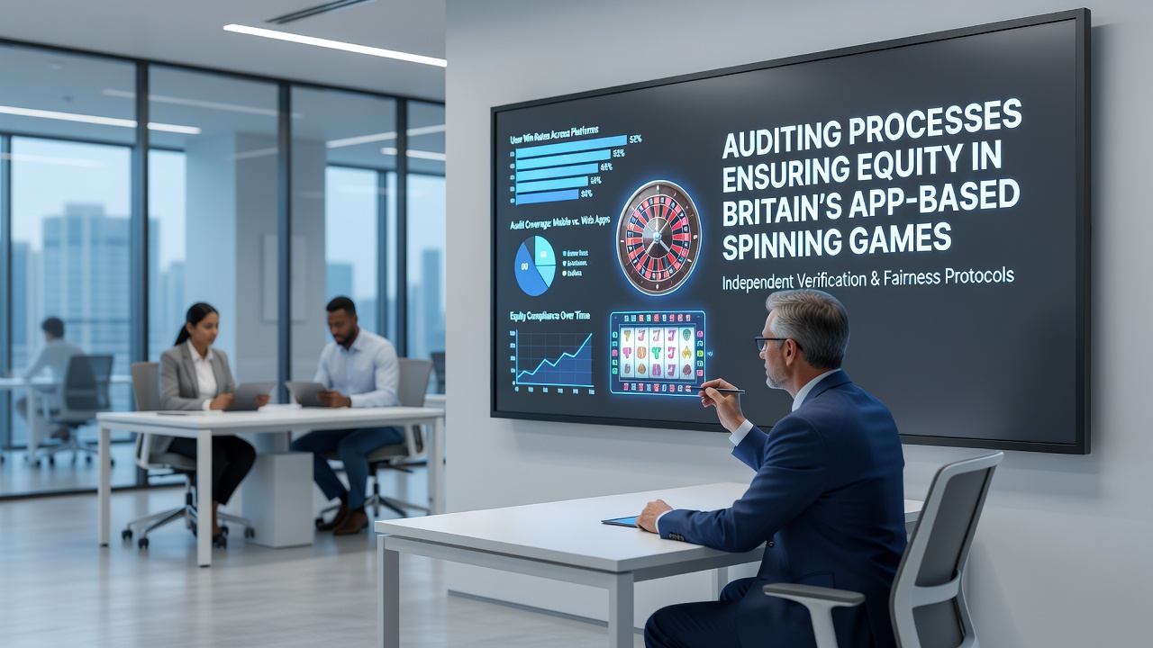 Auditors reviewing RNG test results on multiple screens in a UK testing lab