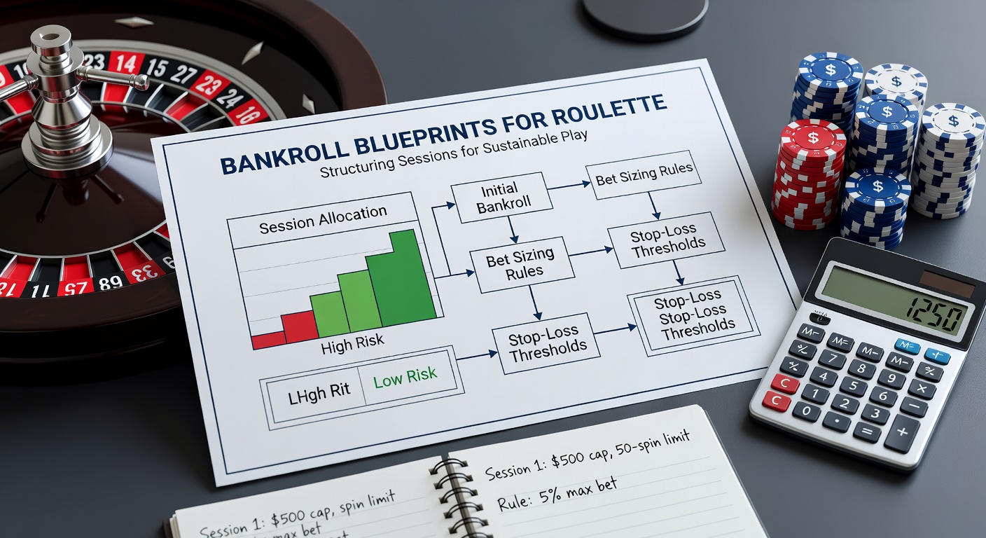 A structured roulette betting chart showing bankroll allocation across multiple sessions with color-coded risk levels and session limits