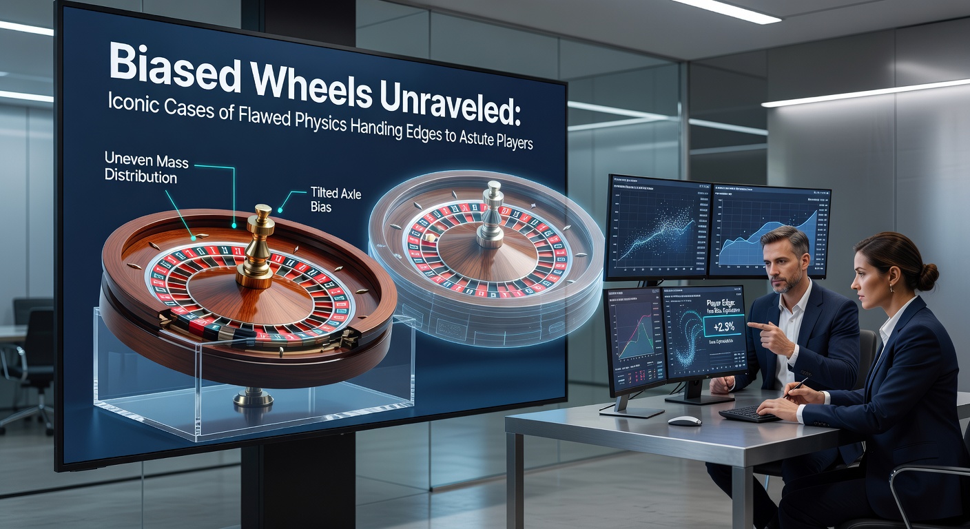 Vintage roulette wheel showing wear and tilt, illustrating physical biases in classic casino games