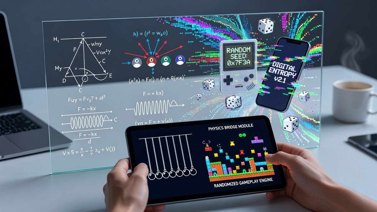 Close-up view of mobile app interface displaying randomized outcomes alongside overlaid physics simulation graphs