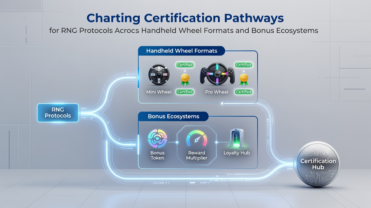 Diagram showing RNG certification workflow across handheld wheel devices and integrated bonus platforms