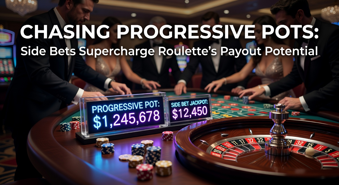 Vibrant roulette table displaying glowing progressive jackpot side bet meters climbing toward massive payouts, with players eagerly placing chips on high-stakes wagers