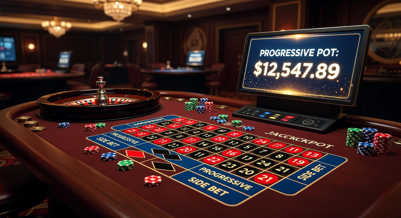 Close-up of a live dealer announcing a progressive side bet win, with jackpot meters exploding in lights and chips stacking high on the layout
