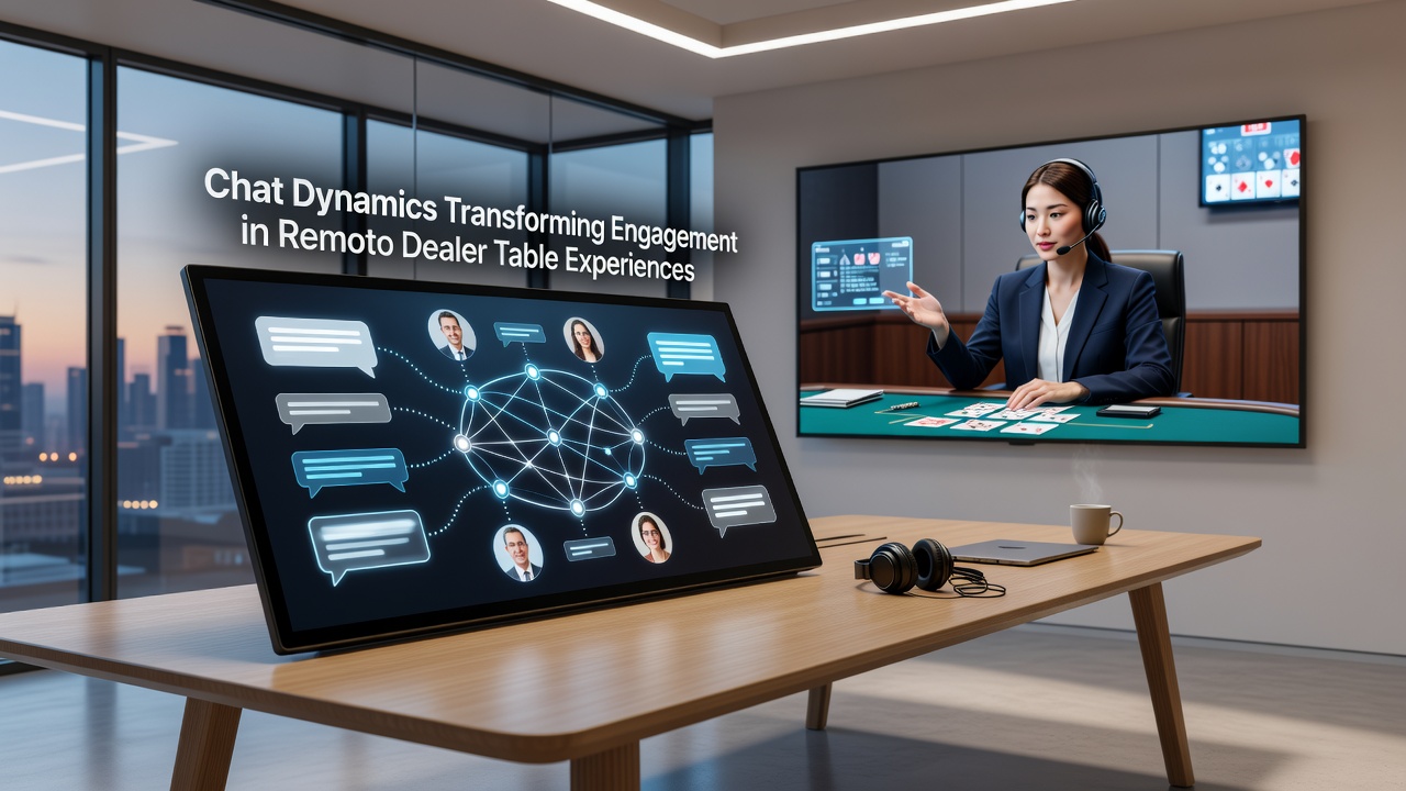 Dealer responding to player messages on a live casino table with chat overlay visible on multiple connected devices