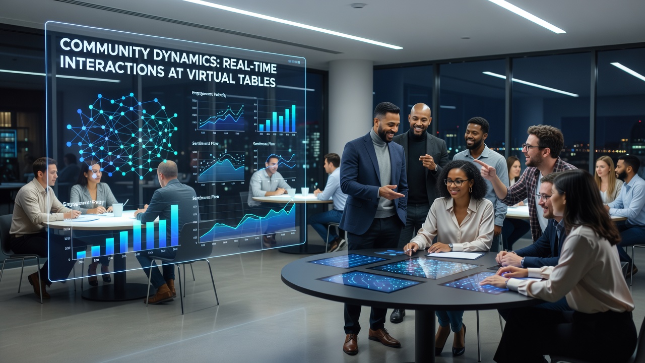 Diverse users collaborate around a shared virtual table during a live interactive session