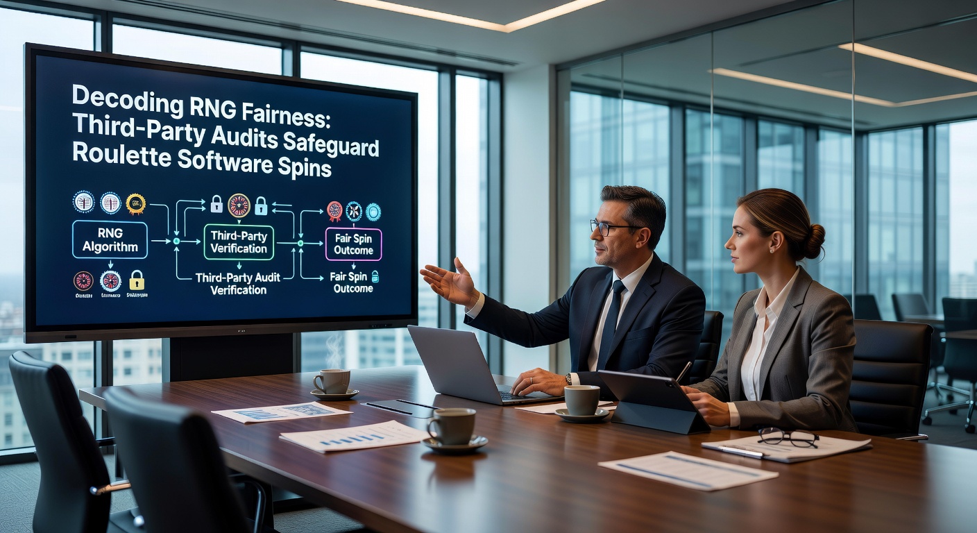 Close-up of auditors analyzing roulette RNG data charts and certification seals
