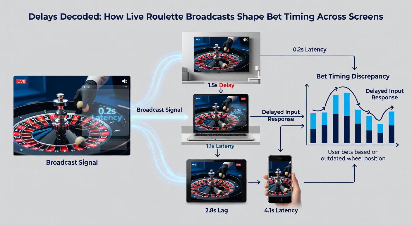 Multi-screen setup showing live roulette delays on desktop, mobile, and tablet with timing overlays