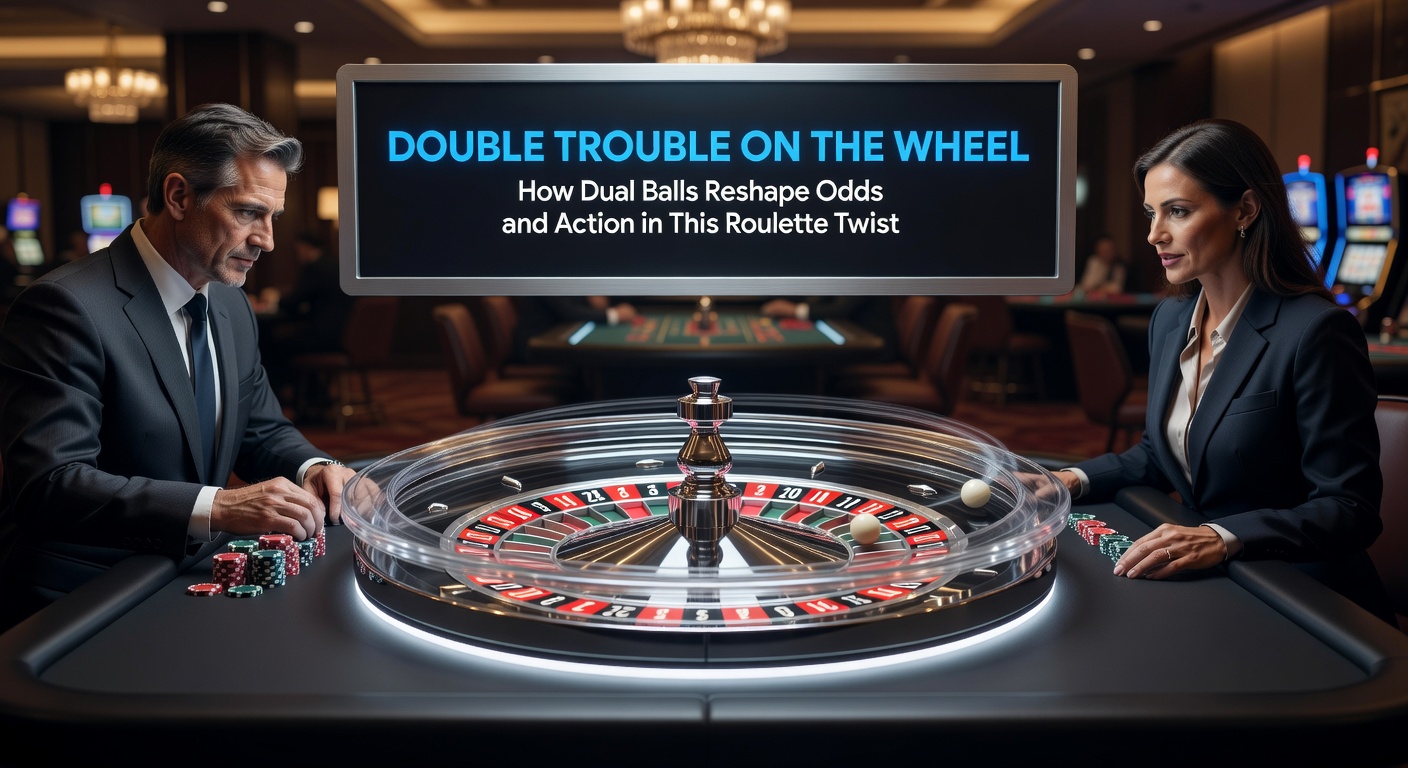 Live dealer at a double ball roulette table, mid-deal with chips stacked high and two balls poised for launch, spotlighting the high-energy studio vibe