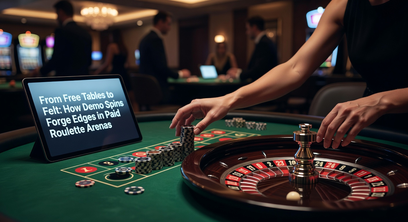 A digital roulette table in demo mode displaying free spins and practice bets, with chips stacked virtually on the layout