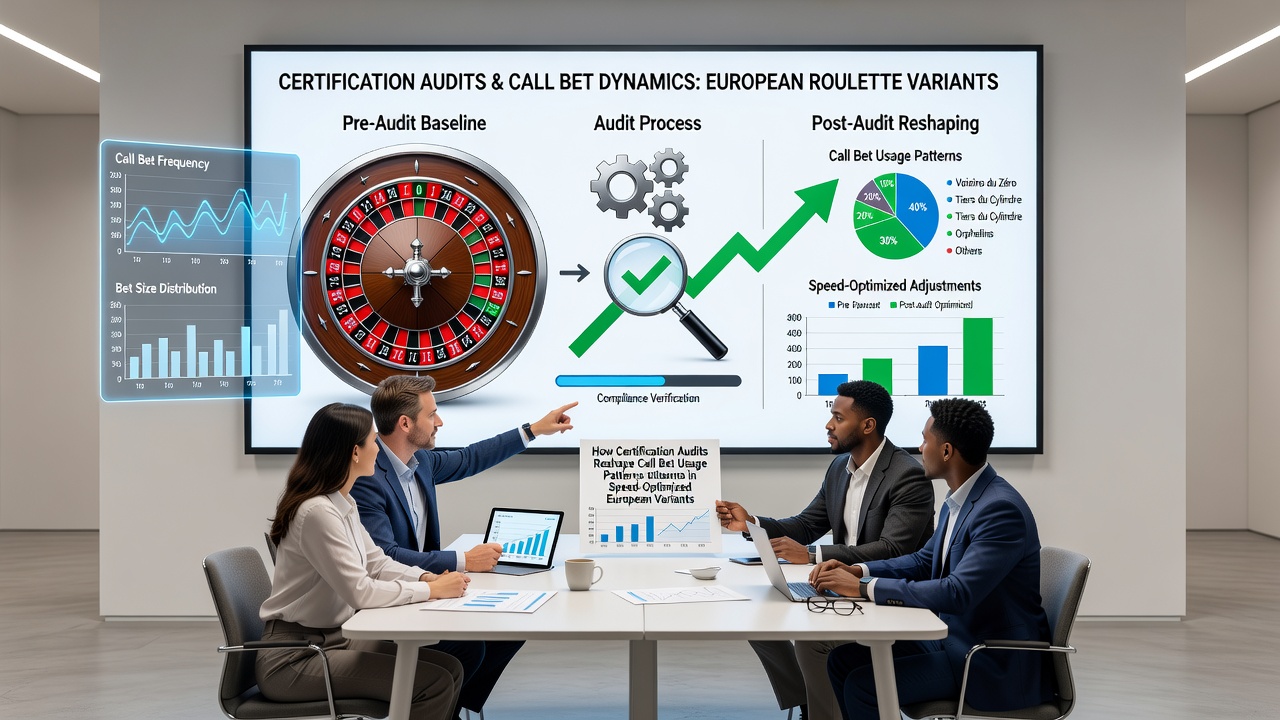 Speed-optimized European roulette table with call bet markers and audit certification seals