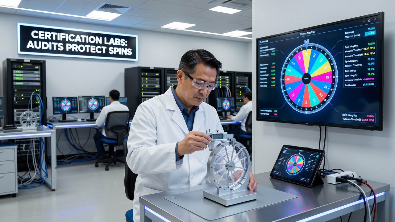Technicians conducting RNG statistical analysis on portable roulette software modules in a certification facility
