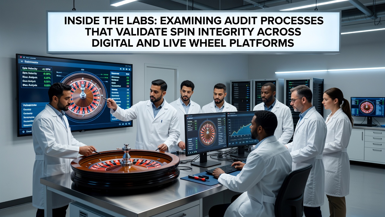 Laboratory technicians conducting spin integrity tests on roulette equipment with specialized measurement tools