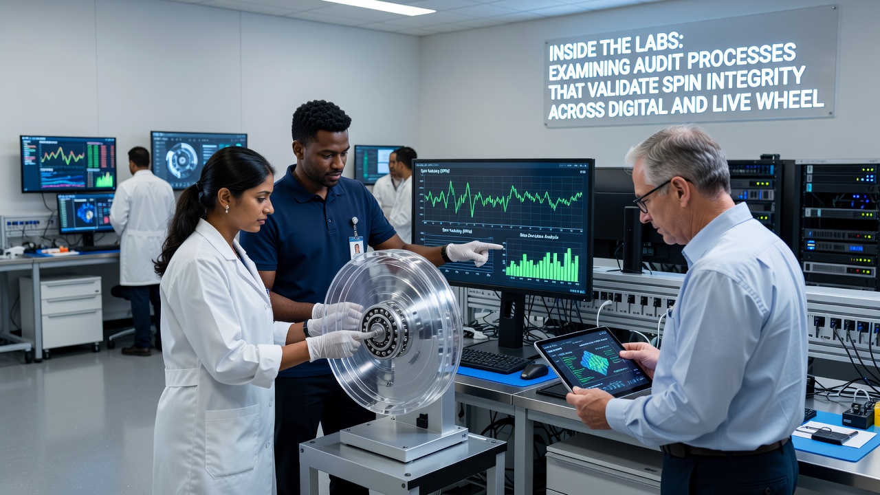 Auditors analyzing high-speed footage of a physical roulette wheel during integrity testing