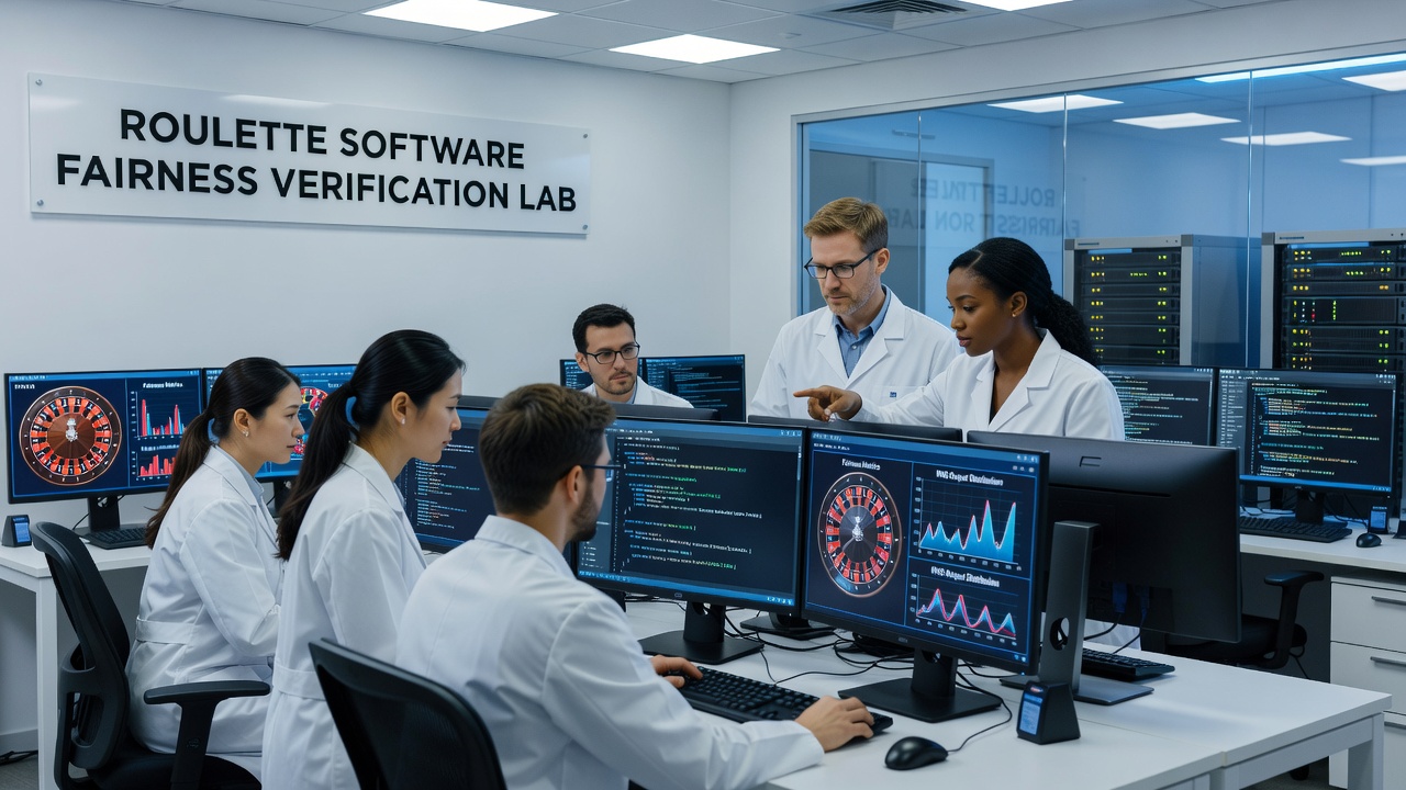 Technicians conducting statistical analysis on roulette RNG outputs in a controlled lab environment