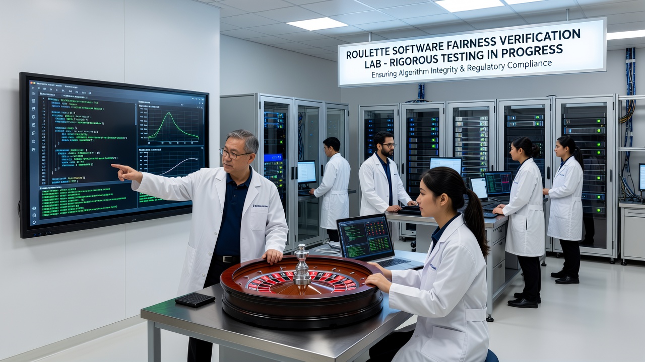 Detailed view of roulette wheel simulation software running fairness verification algorithms on multiple server racks