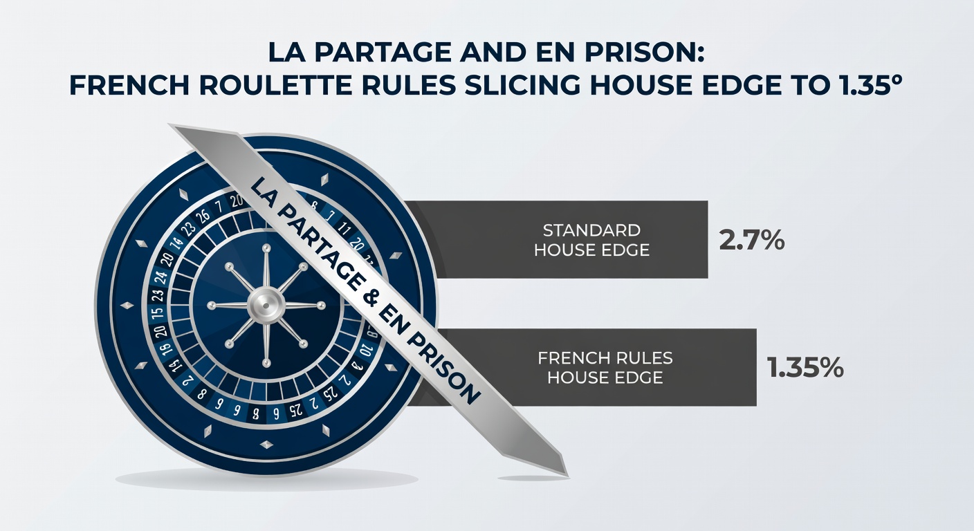Classic French Roulette table with La Partage and En Prison rules highlighted, showing the wheel and betting layout under bright casino lights