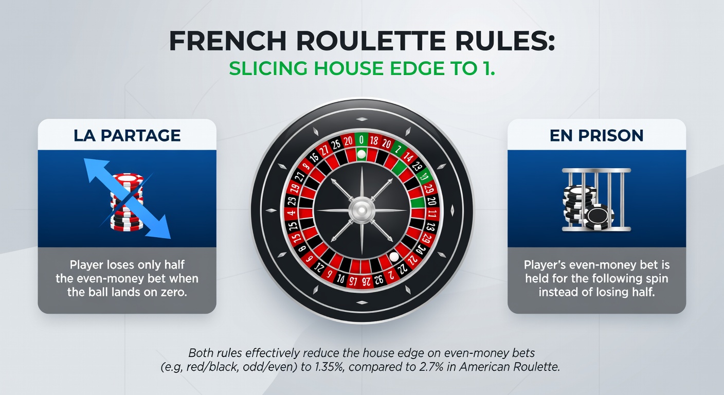 Close-up of a French Roulette wheel landing on zero, with En Prison rule in action on the betting layout, chips locked in place for the next spin