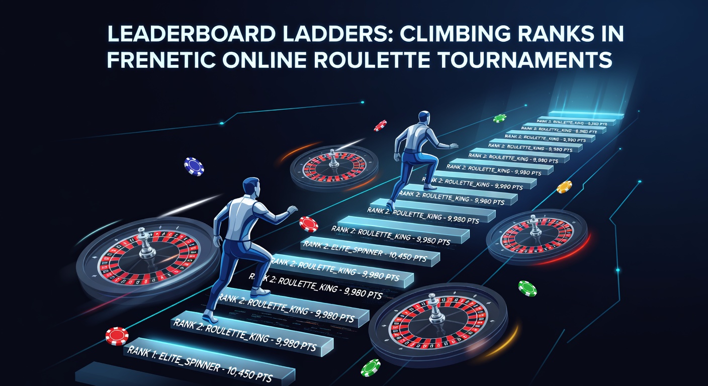 Dynamic leaderboard display showing players climbing ranks in a fast-paced online roulette tournament, with spinning wheels and rising score bars in the background