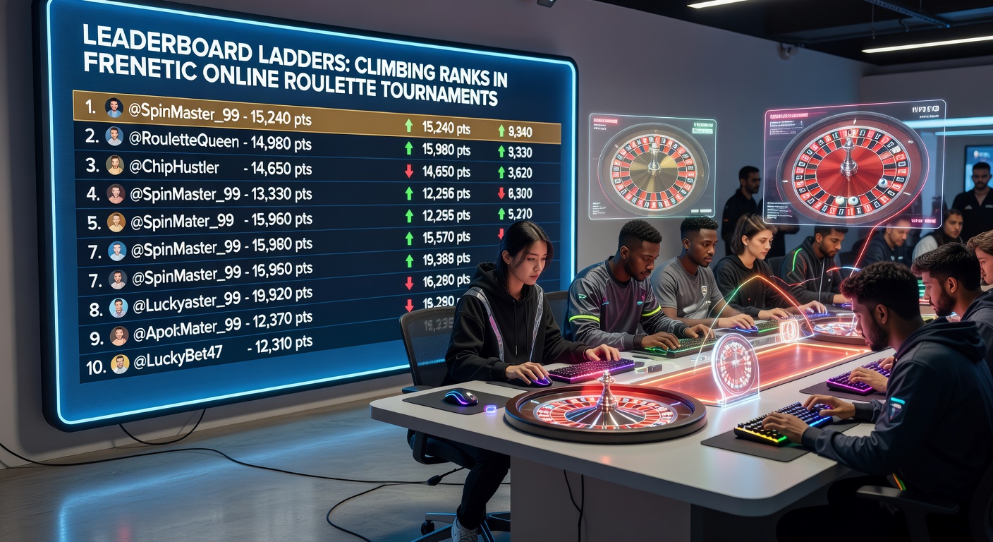 Close-up of a player's screen during a roulette tournament, displaying a climbing leaderboard position, active bets on the wheel, and surging point totals