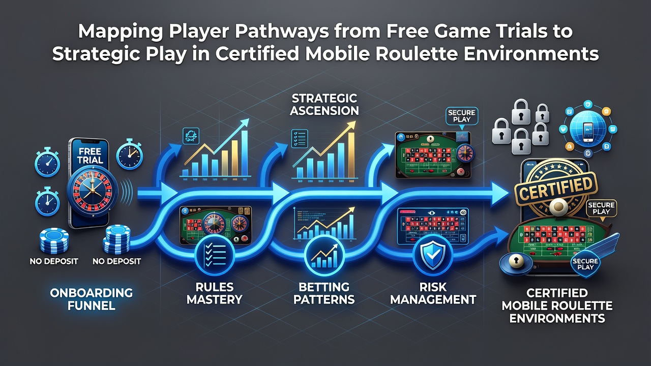 Diagram showing stages of player movement from free trial interfaces to advanced strategic sessions in mobile roulette applications