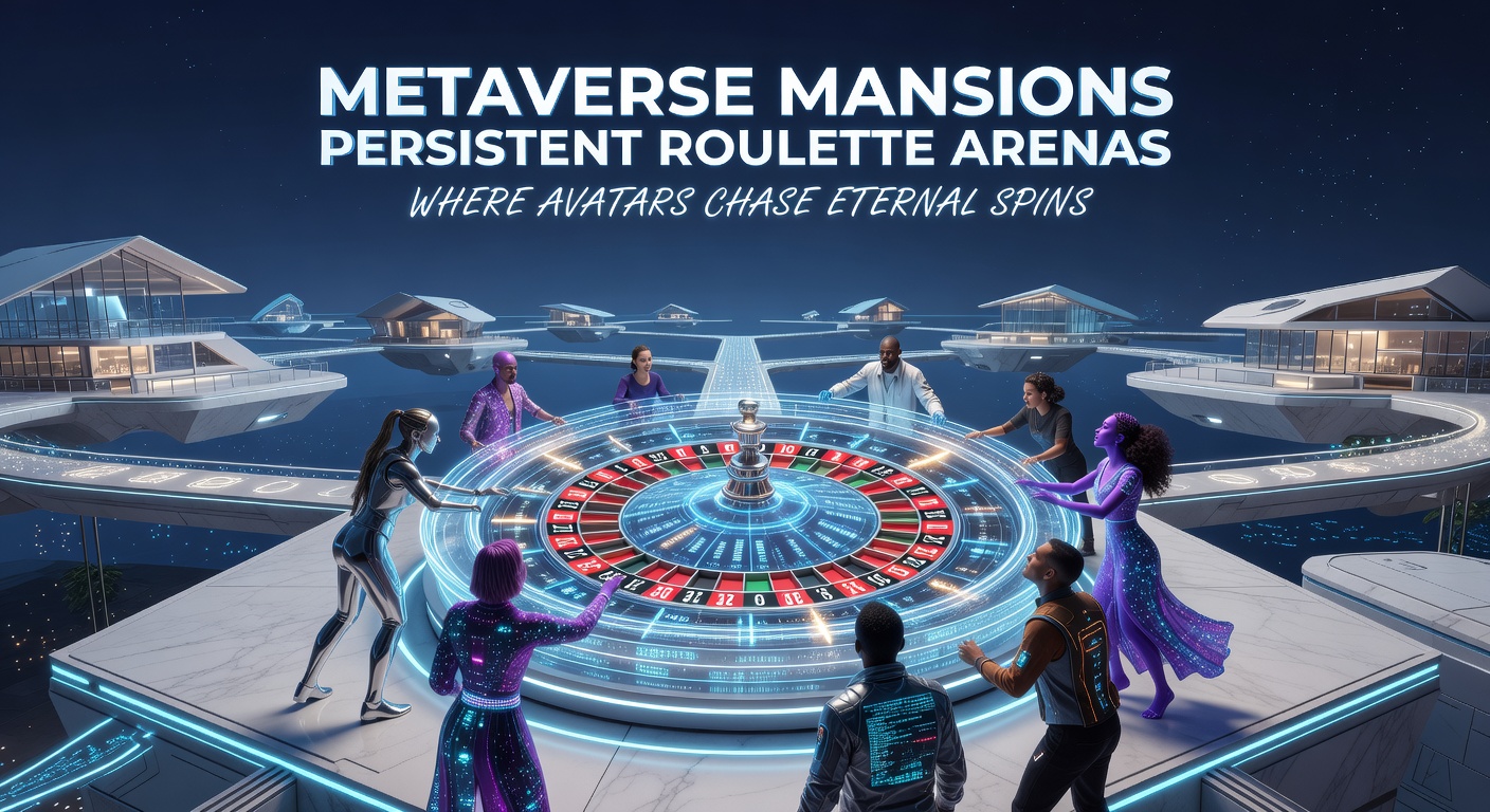 Vibrant avatars gathered around a glowing roulette table in a sprawling virtual mansion, wheels spinning endlessly under neon lights