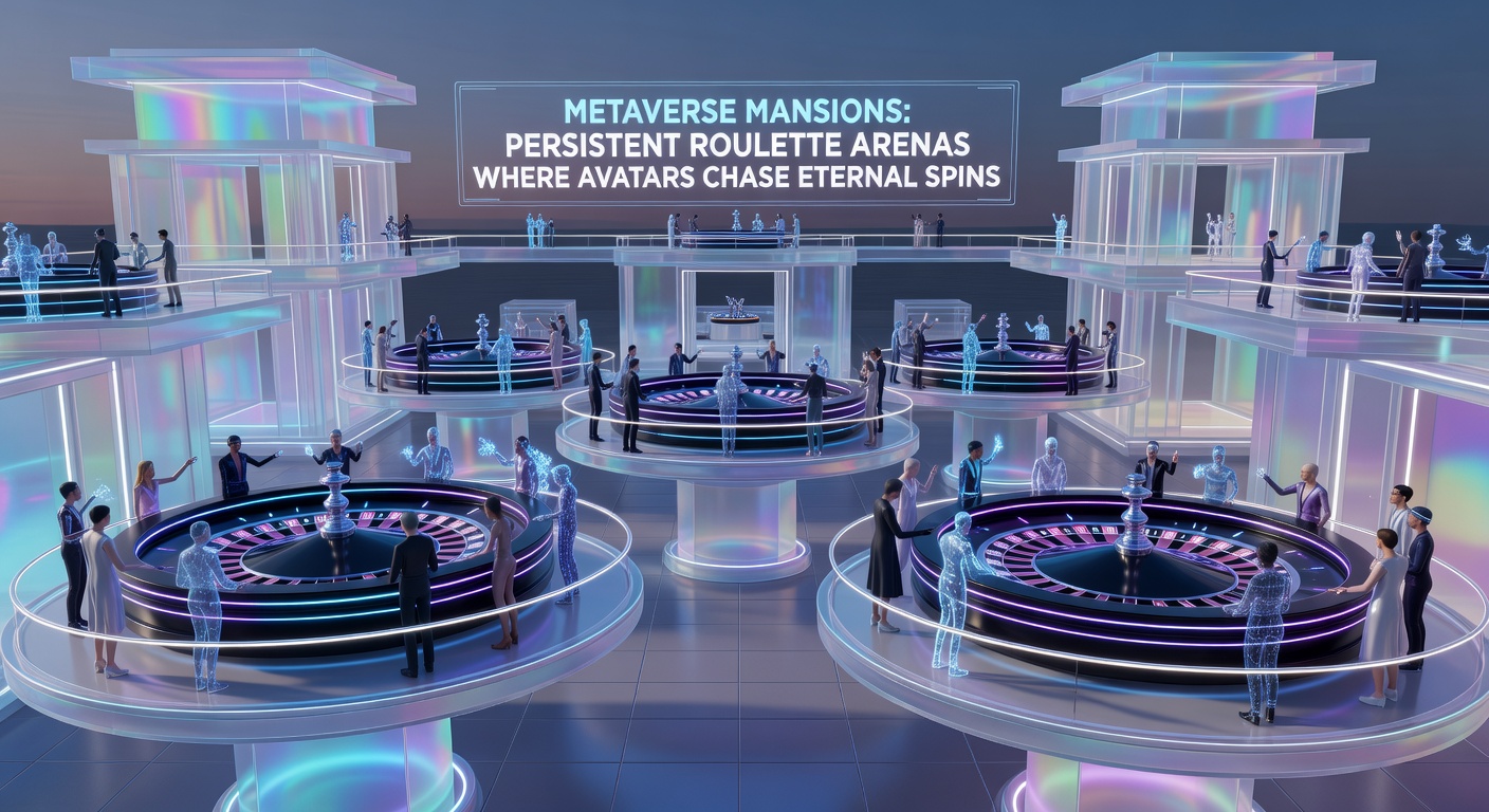 Futuristic metaverse roulette arena inside a grand digital mansion, avatars in elegant attire placing bets as multipliers explode on the wheel