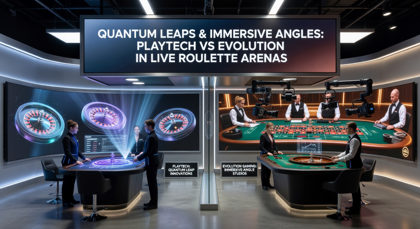 Close-up comparison of Playtech's quantum multiplier activation glowing on screen alongside Evolution's multi-camera slow-motion ball landing in Immersive Roulette