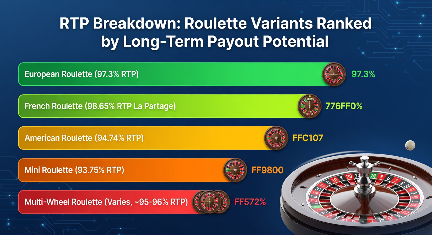 Infographic ranking roulette variants by RTP bars, with French at top, European next, and American lagging, including house edge callouts