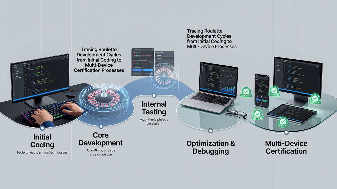 Roulette game undergoing multi-device testing on desktop, tablet, and mobile screens in a certification facility