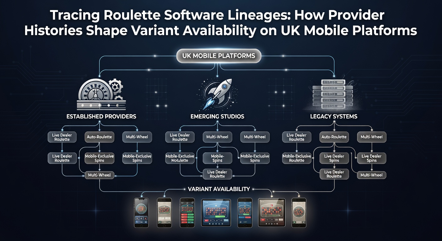 Evolution of roulette software providers showing lineage from early desktop platforms to modern mobile applications in the UK market