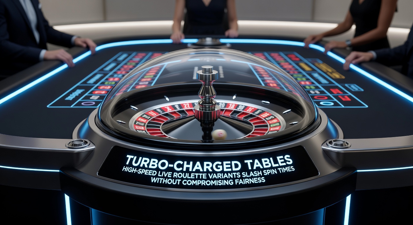 A sleek live roulette table with turbo-charged speed indicators and a rapidly spinning wheel under studio lights