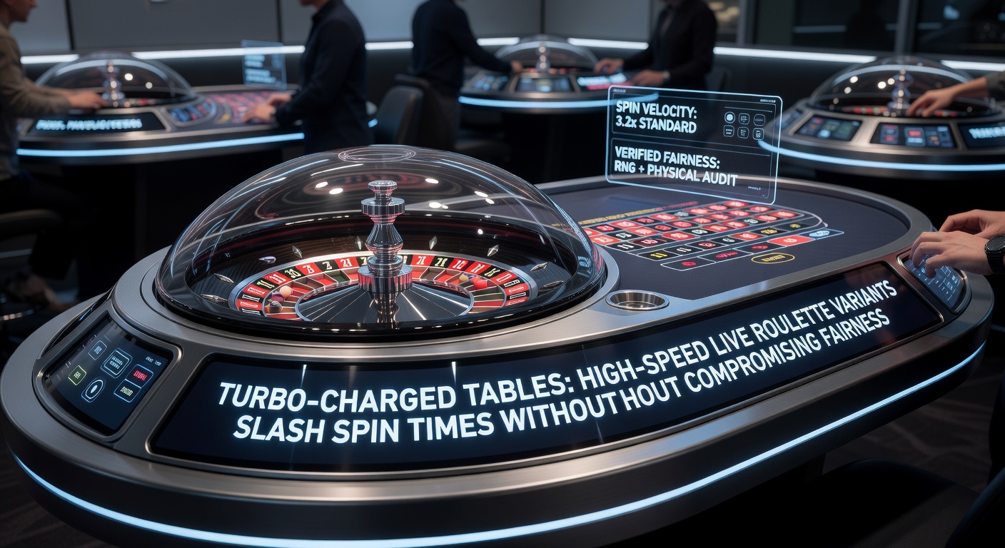 Close-up of a high-speed roulette wheel in motion, with digital overlays showing compressed betting timers and fairness certification badges