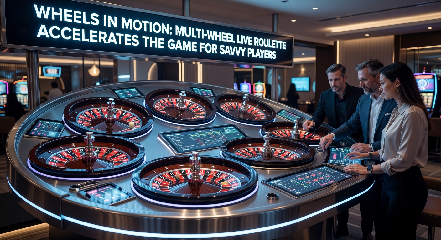 Live dealer spinning multiple roulette wheels simultaneously in a high-tech studio, capturing the fast-paced action of multi-wheel roulette